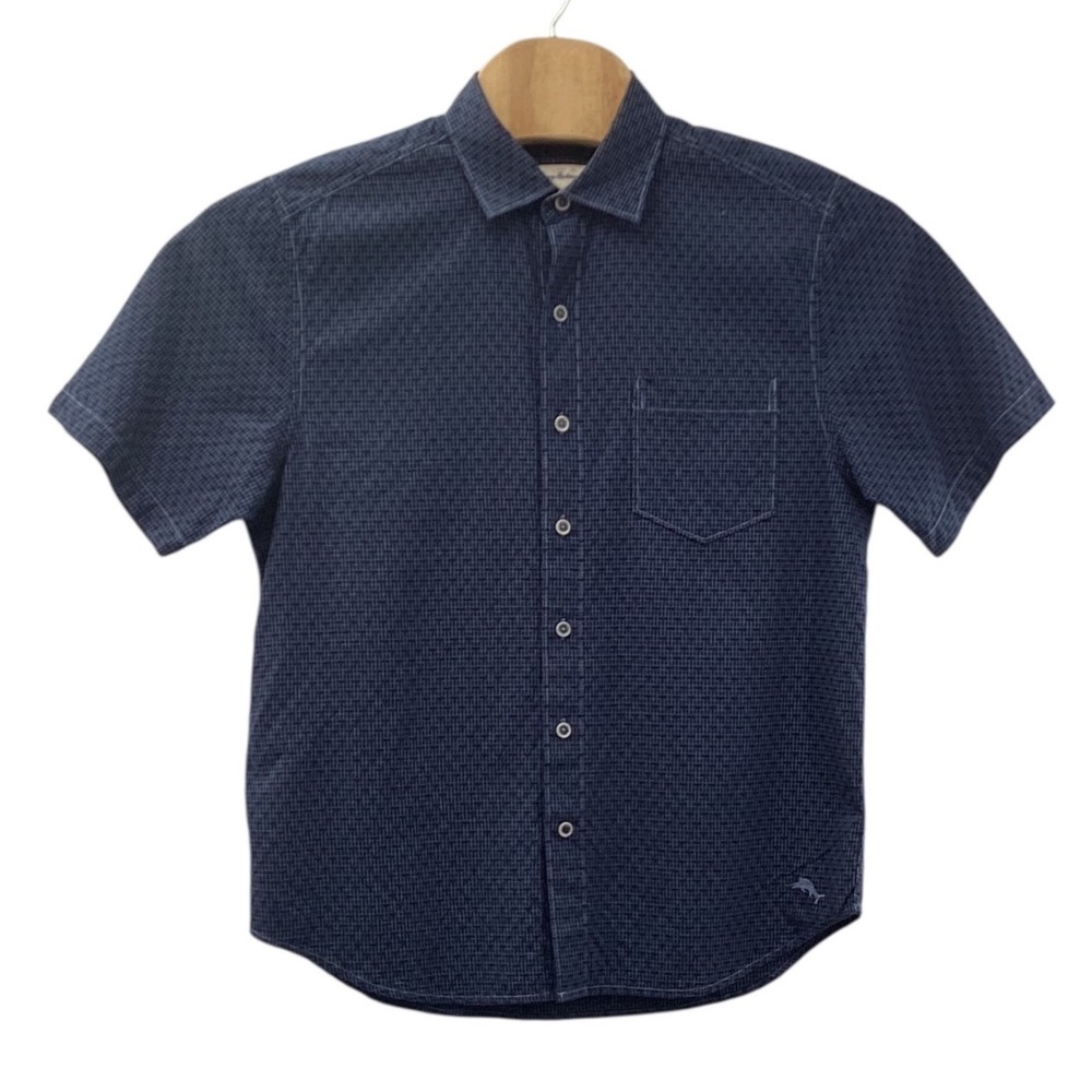 Tommy Bahama Mens Navy Blue Textured Grid Cotton Short Sleeve Button Down Shirt